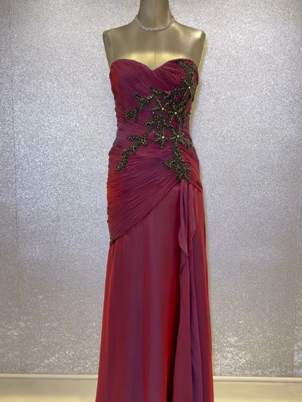 Mac Duggal Strapless Burgundy Evening Gown with Beaded Appliqué